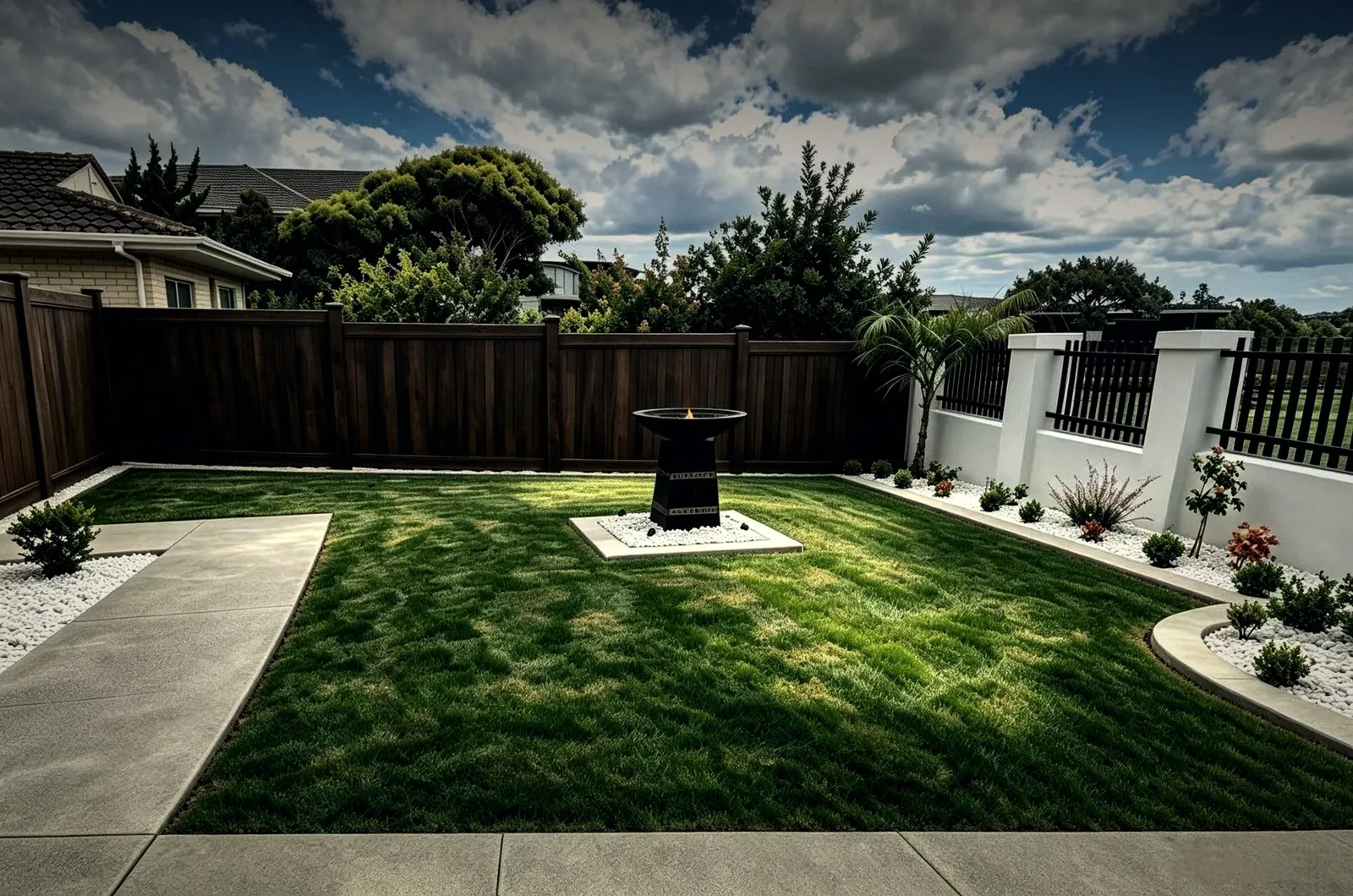 Fenced backyard with new lawn and concrete path