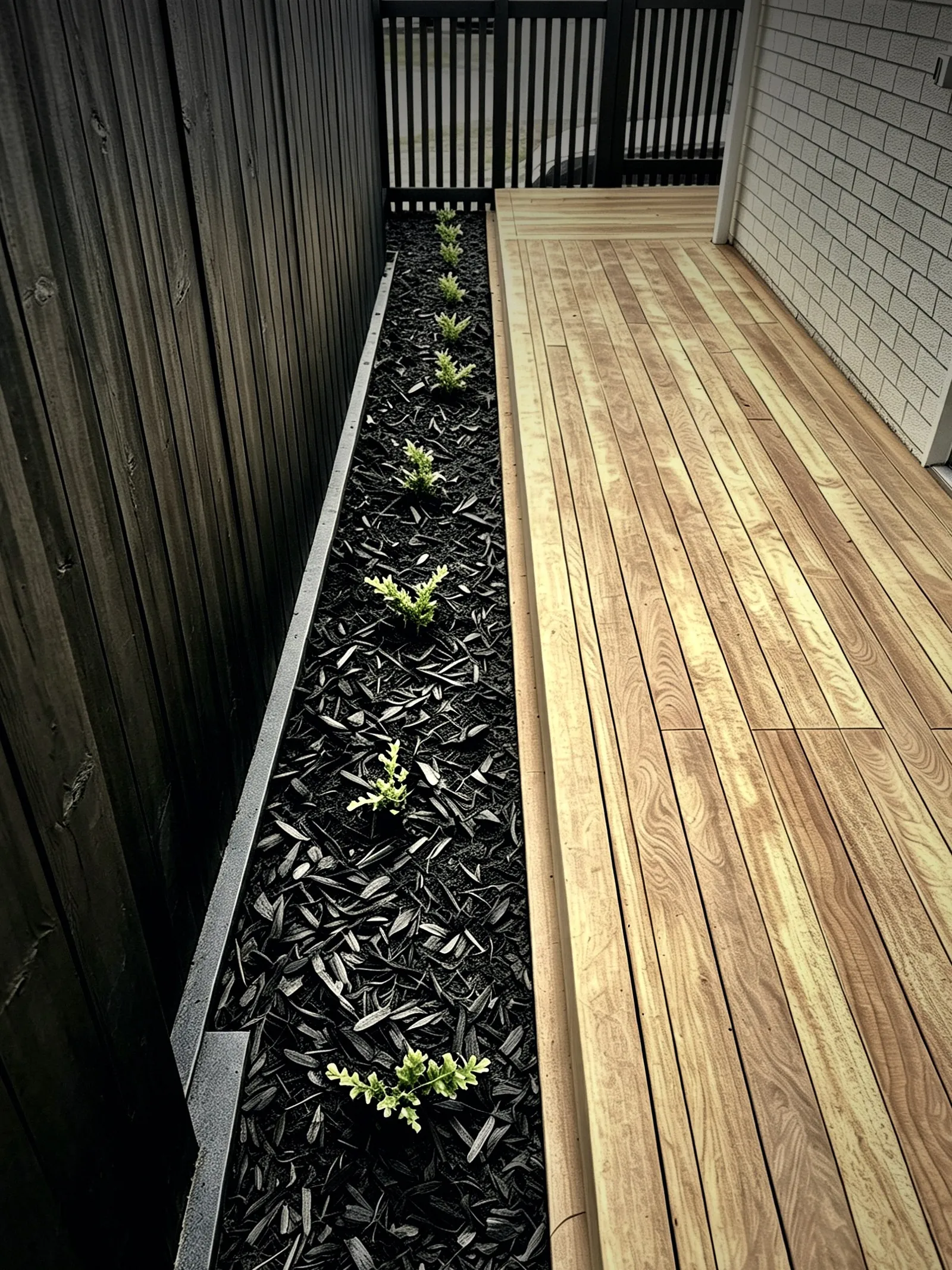 Hardwood deck beside a mulched garden bed