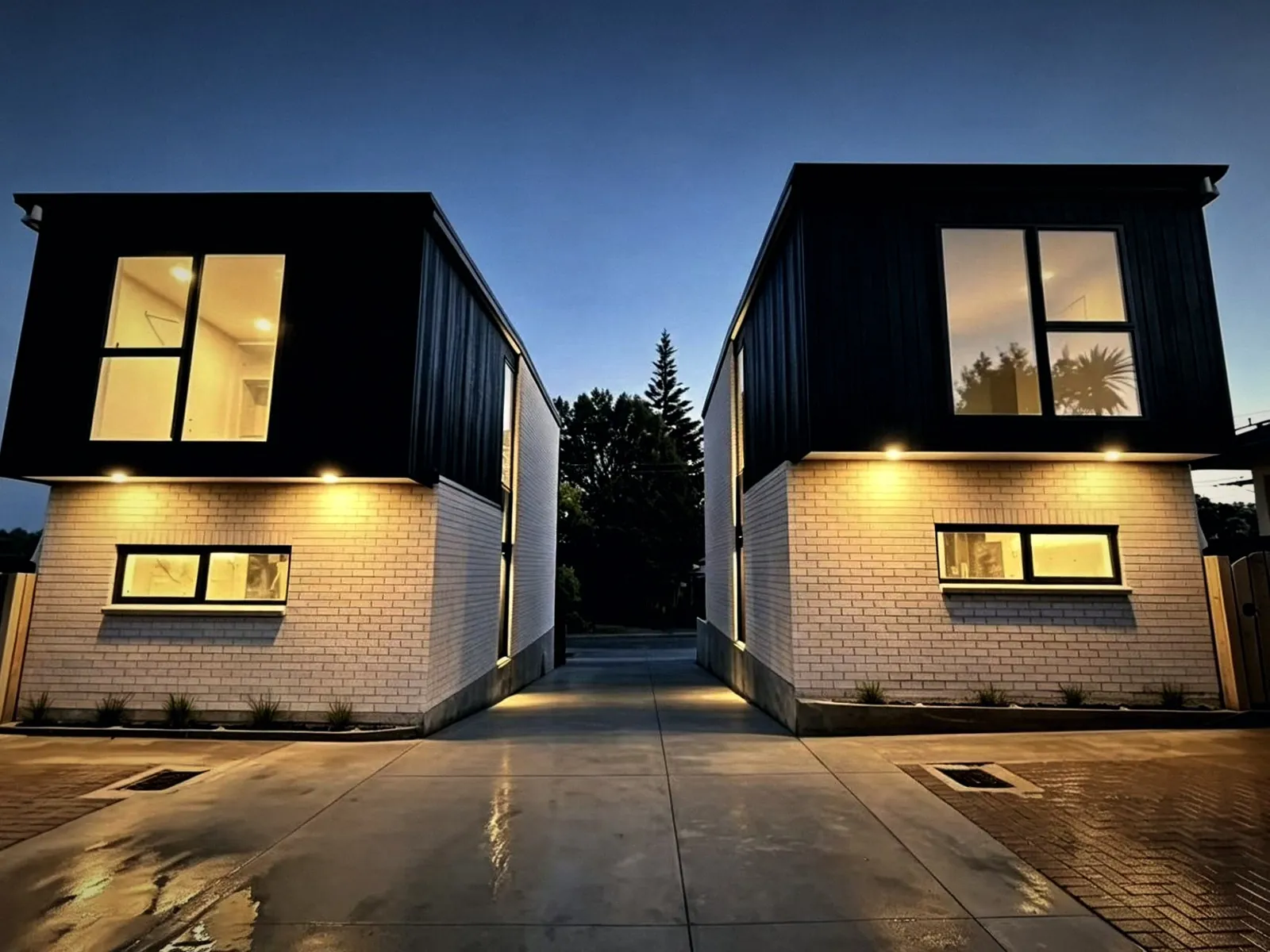Two black-clad townhouses with warm lighting at dusk